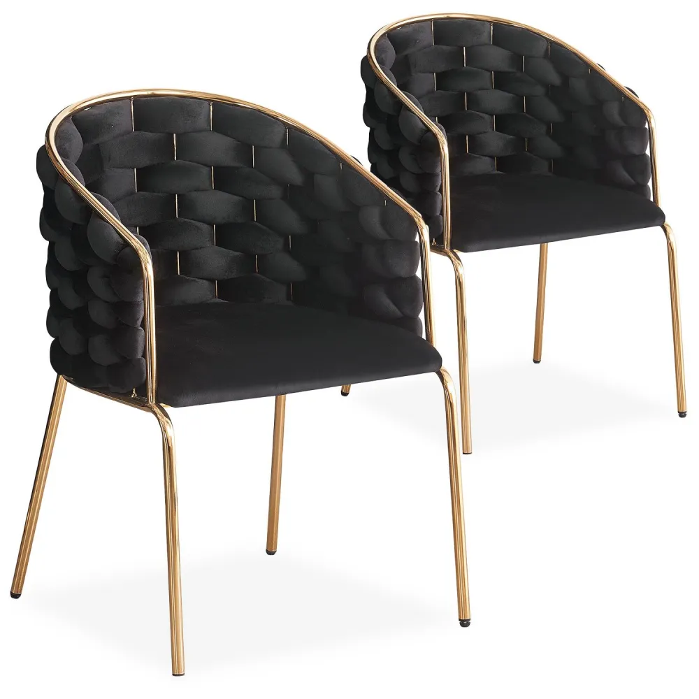 Set di 2 sedie di design con schienale rete arrotondato velluto nero tricotano e metallo dorato