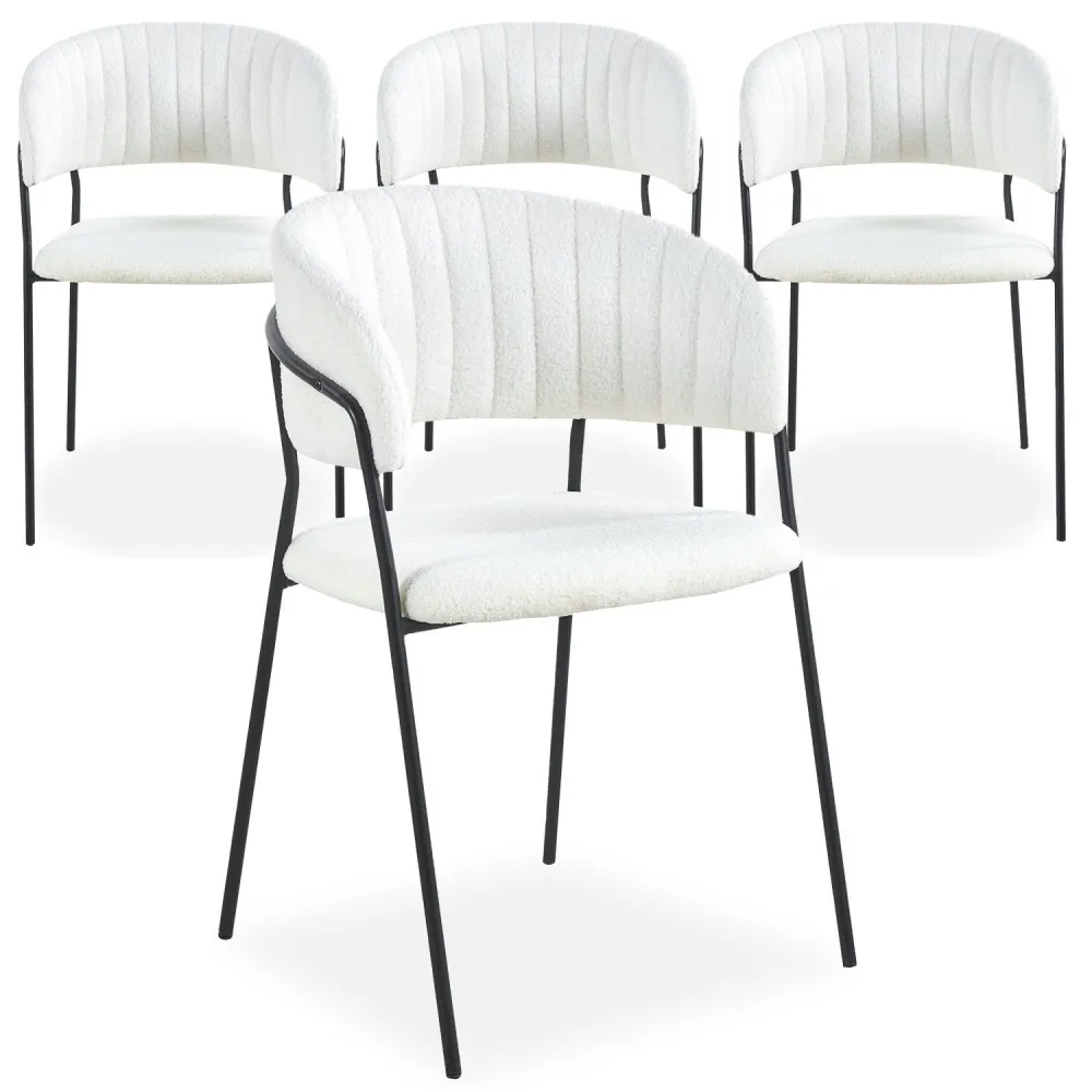 Set di 4 sedie Tabata metallo nero e tessuto bouclette crema