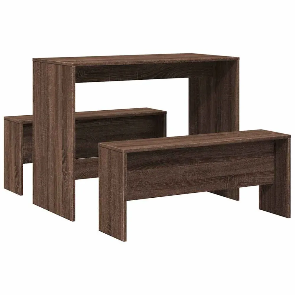 Set Tavolo da Pranzo e Panche 3 pz Rovere Marrone Truciolato