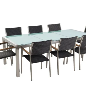 Set tavolo e sedie da giardino vetro temperato bianco e rattan tavolo 220 con 8 sedie GROSSETO