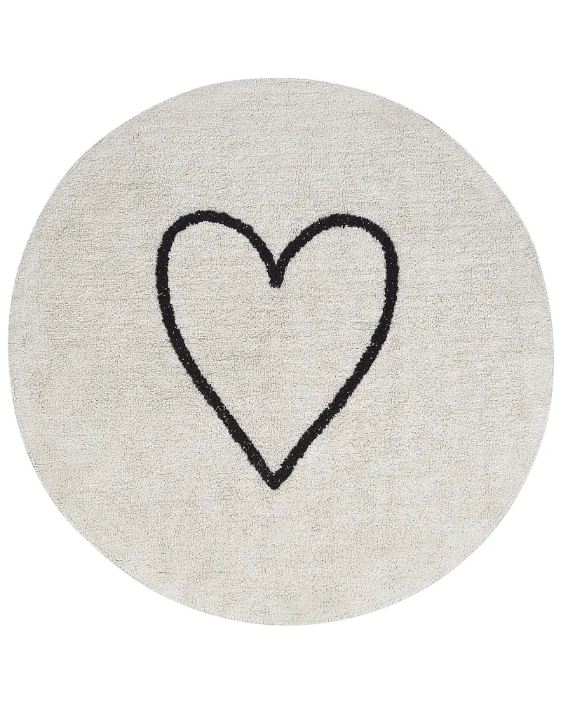 Round Cotone Area Rug ø 140 cm Beige and Black HEART