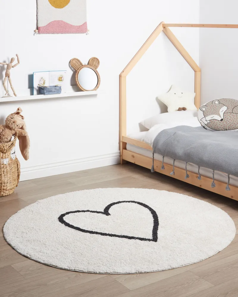 Round Cotone Area Rug ø 140 cm Beige and Black HEART