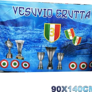 Bandiera Forza Napoli Festa 3 Scudetto Vesuvio Erutta Coppe Trofei 90x140cm