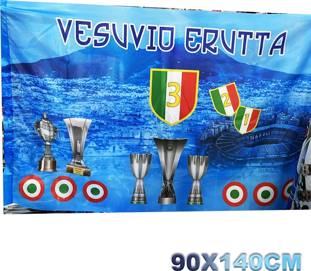 Bandiera Forza Napoli Festa 3 Scudetto Vesuvio Erutta Coppe Trofei 90x140cm