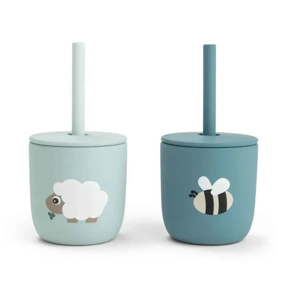 Done Deer® Set 2 tazze silicone con cannuccia Tiny Farm Blue