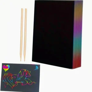 50 Fogli Neri da Grattare Multicolore A4 con 2 Bastoncini di Legno per Bambini