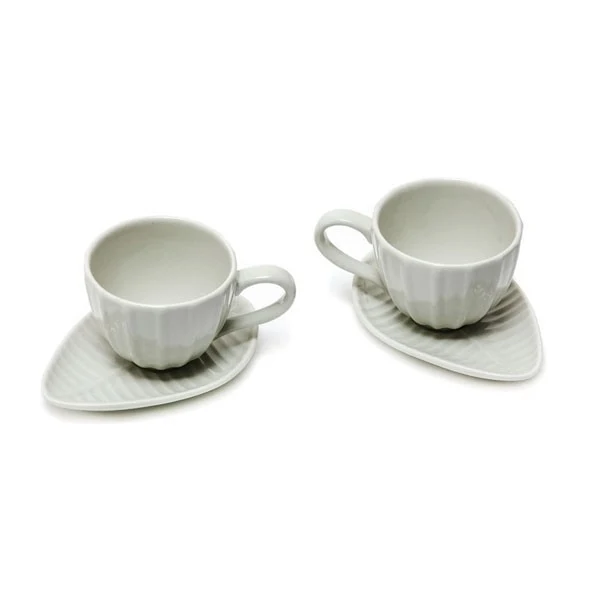 SET CAFFE' 2 TAZZE + PIATTINI FOGLIA PORCELLANA