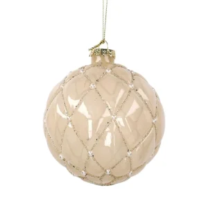 Sfera vetro Champagne con glitter e perle - ø 10 cm
