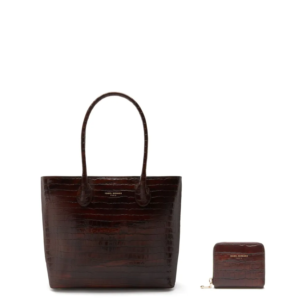 Cadeau d'Isabel shopper pelle croco marrone e portafoglio