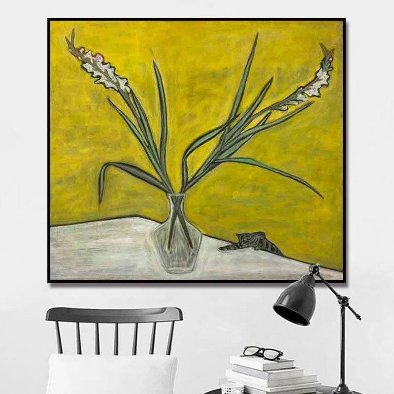 Pittura scandinava di fiori e vasi Decorazione da parete con texture gialla per sala da pranzo