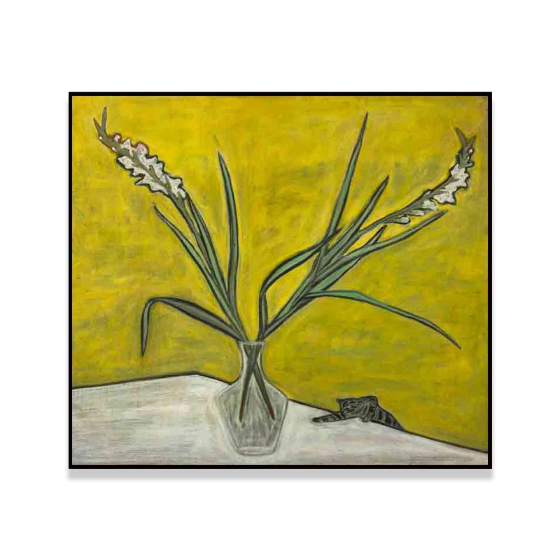 Pittura scandinava di fiori e vasi Decorazione da parete con texture gialla per sala da pranzo