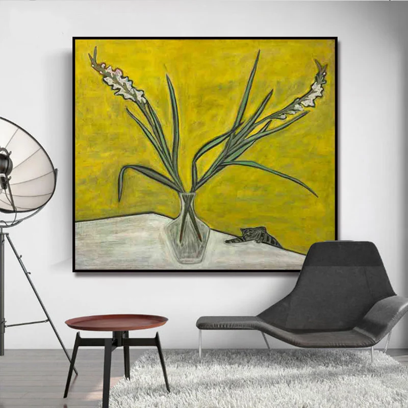 Pittura scandinava di fiori e vasi Decorazione da parete con texture gialla per sala da pranzo