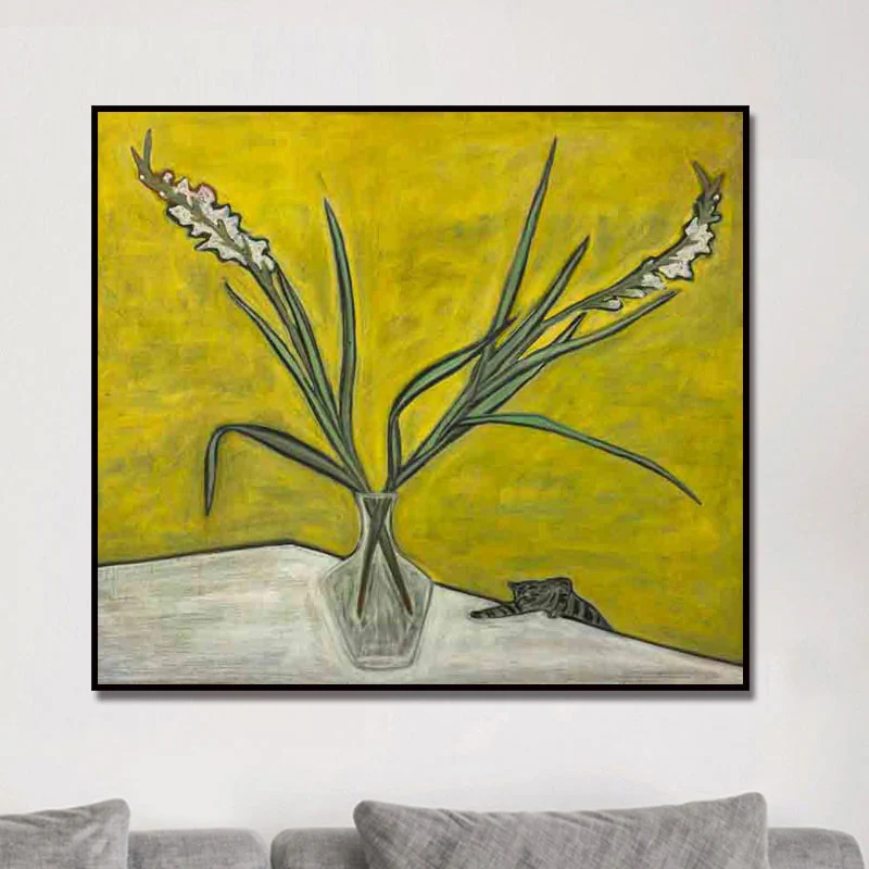 Pittura scandinava di fiori e vasi Decorazione da parete con texture gialla per sala da pranzo