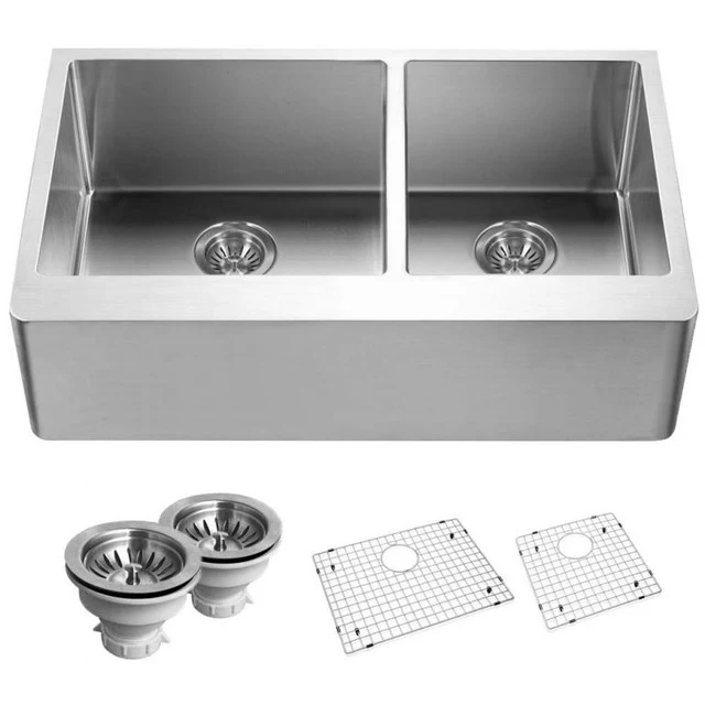 Houzer Epicure Series 33" Apron-Front 60/40 Gemello Bowl Kitchen Sink, Small Right Bowl includes Strainer