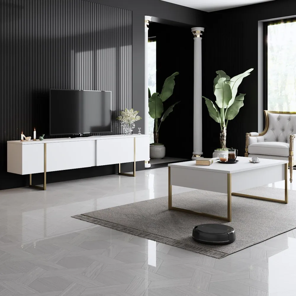 Set di mobili da soggiorno Sibylle metallo dorato e legno bianco