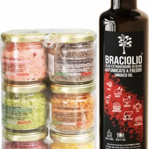 Confezione regalo gourmet di sapori di sale - 6x80g barattoli di sale aromatizzato + olio affumicato freddo 100cc