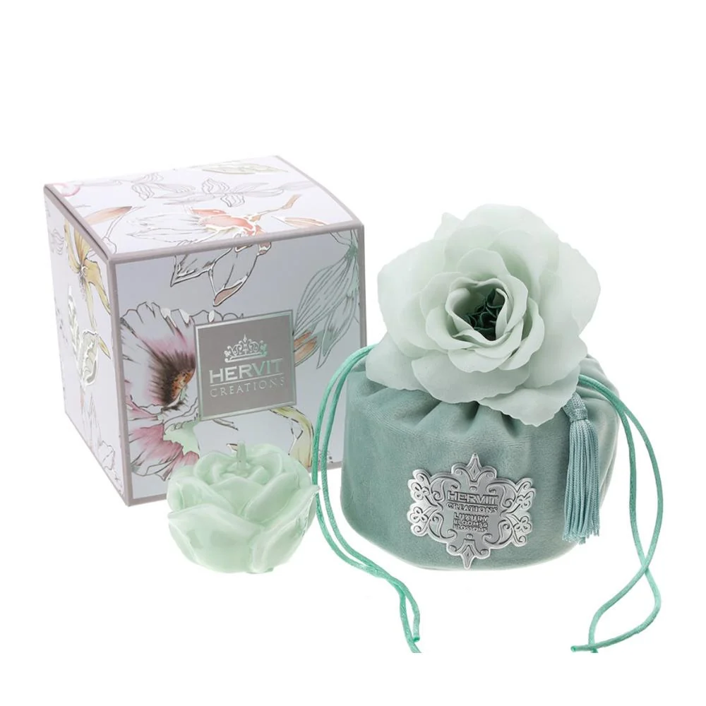 HERVIT - Secchiello Velluto Verde Con Candela 10X10,5Cm