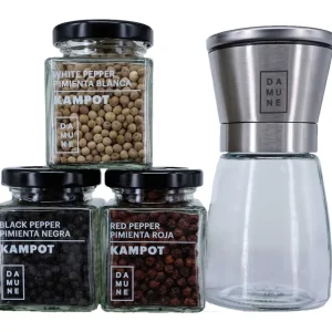 Pepe Grani di Kampot Premium: Nero (60g), Rosso (60g) e Bianco (60g) - con Macinapepe