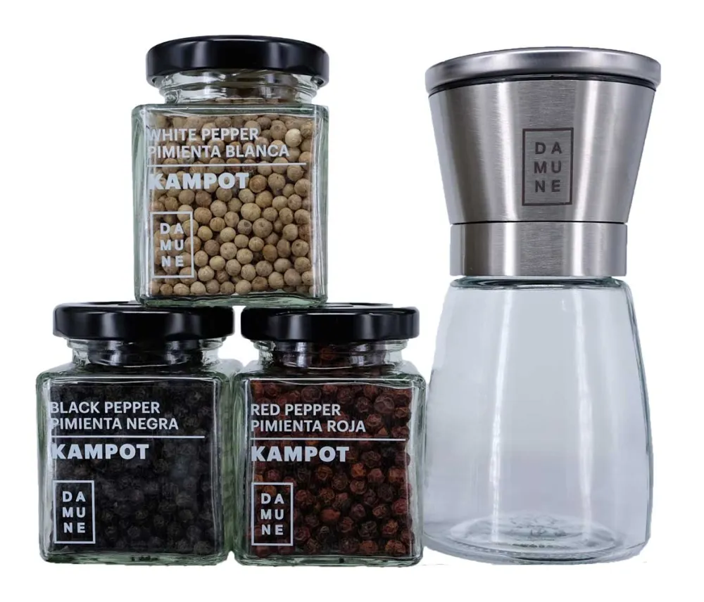 Pepe Grani di Kampot Premium: Nero (60g), Rosso (60g) e Bianco (60g) - con Macinapepe