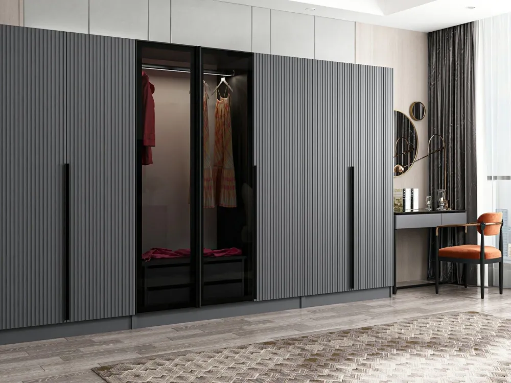 Armadio Kanowa 5 ante e 2 ante vetro L315xH210cm Antracite e Nero