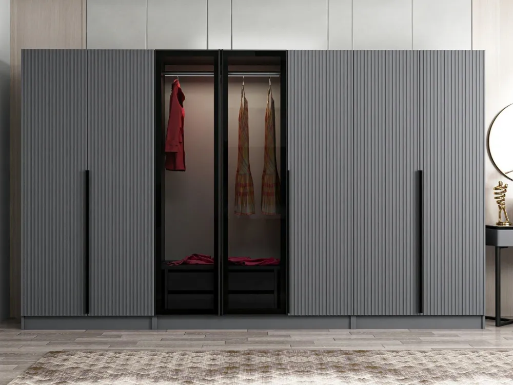 Armadio Kanowa 5 ante e 2 ante vetro L315xH210cm Antracite e Nero