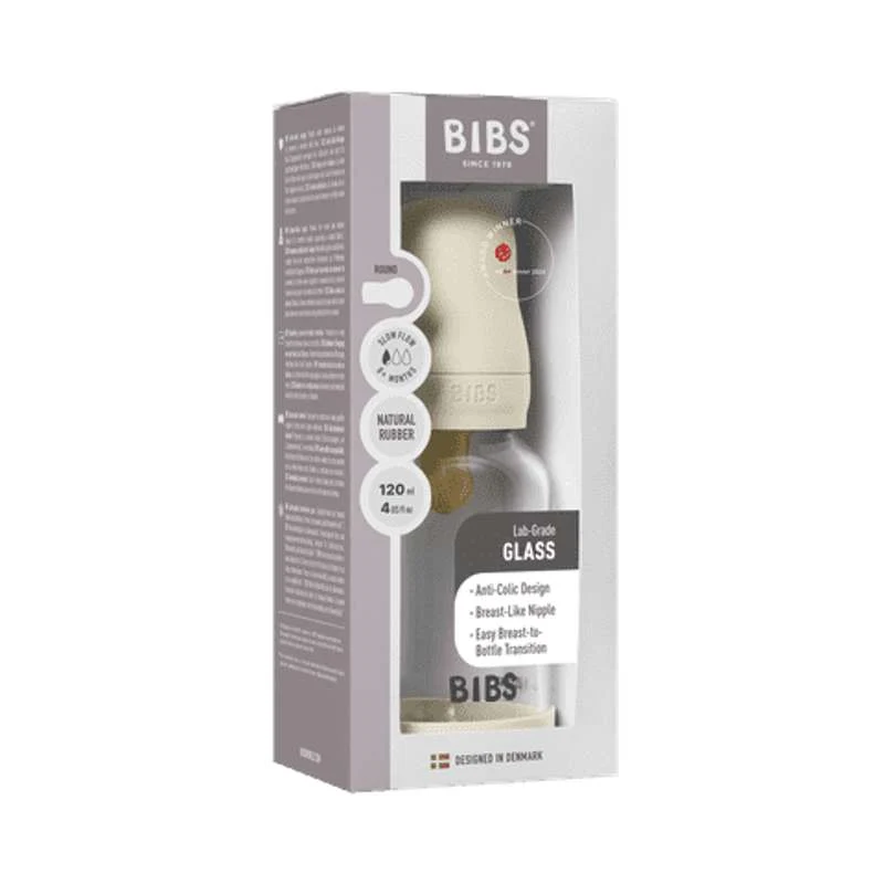 BIBS Bottle - Sutteflaskesæt - Glas - Latex/Slow Flow/Rund - 120 ml. - Ivory