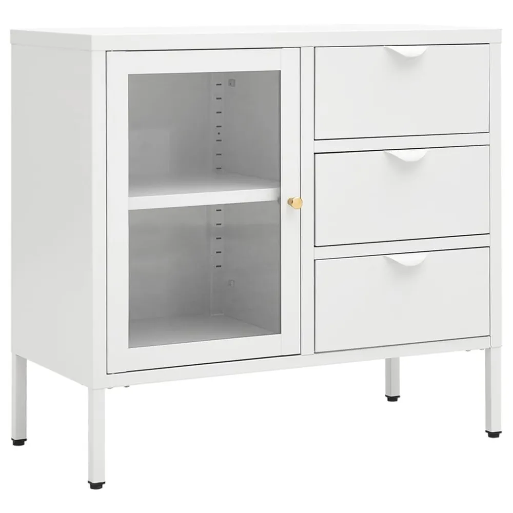 Credenza Bianca 75x35x70 cm Acciaio e Vetro Temperato