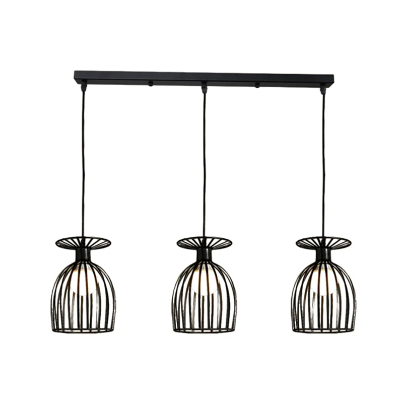 Lampada sospensione metallo per bicchiere di vino con paralume gabbia. Plafoniera industriale 3 luci per sala da pranzo bi...