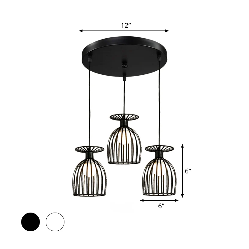 Lampada sospensione metallo per bicchiere di vino con paralume gabbia. Plafoniera industriale 3 luci per sala da pranzo bi...