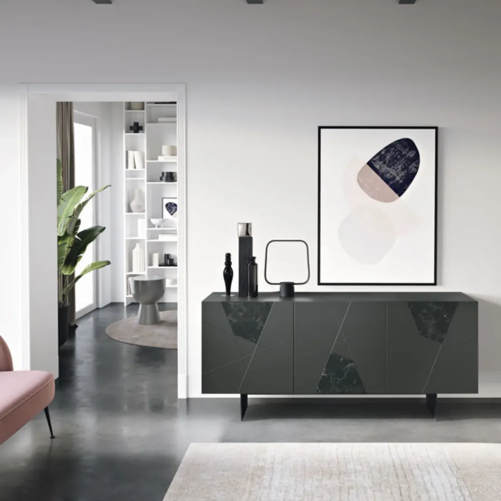 Madia moderna 3 ante "Adelaide" legno inserti vetro effetto marmo cm 180x50 80h