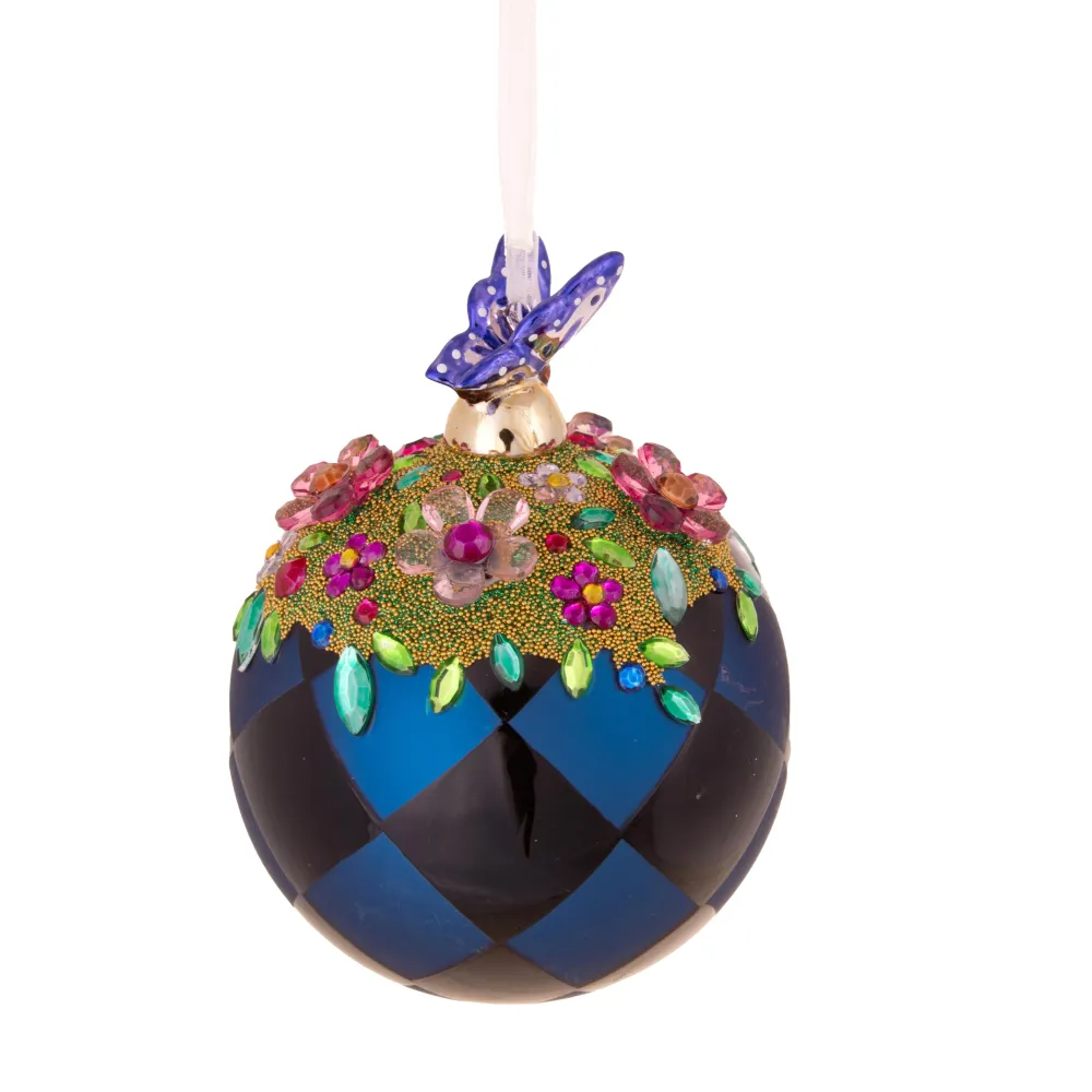 Palla di Natale, vetro, blu e nero con decori gioiello