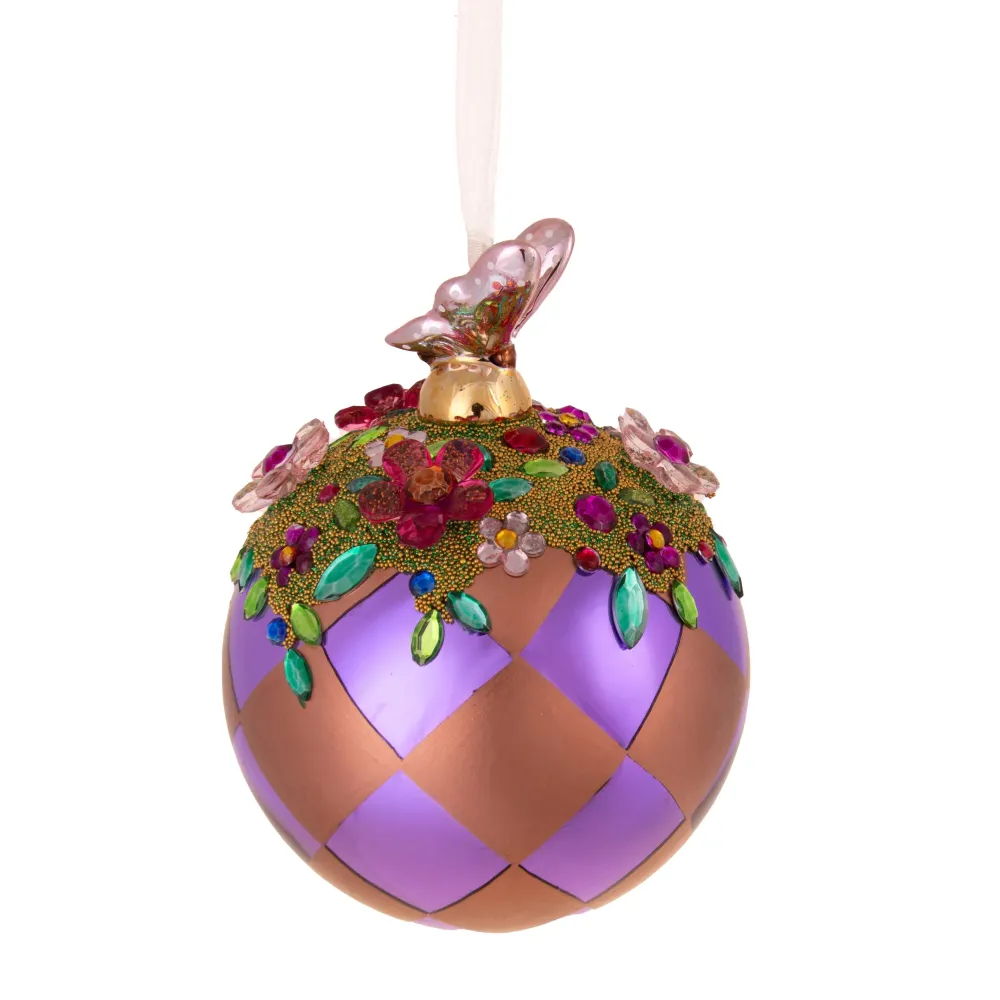 Palla di Natale, vetro, lilla e rame con decori gioiello
