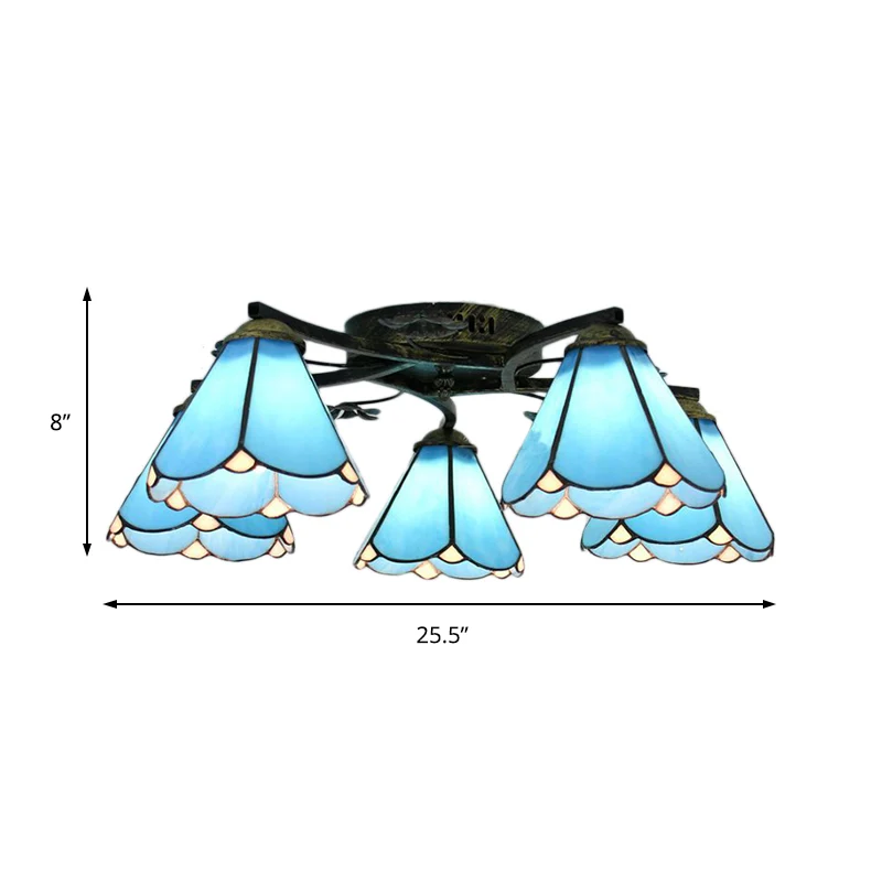 Plafoniera cono vetro blu stile Tiffany 5/3 luci semi incasso con fiore per soggiorno